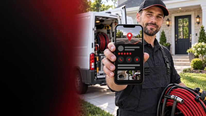 Drain technician holding a phone that shows a business listing with a five-star rating