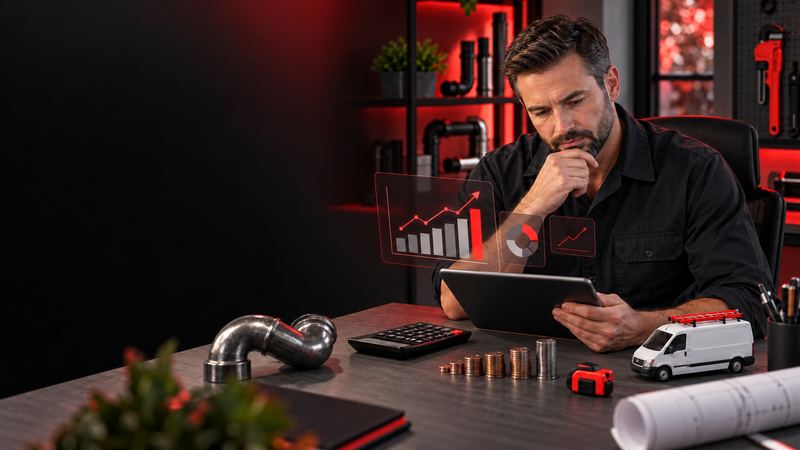Contractor reviewing budget charts on a tablet at a desk with a calculator and stacked coins