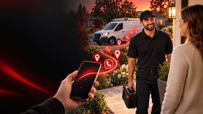 Phone with glowing call and map icons leading to a technician arriving at a homeowner’s door