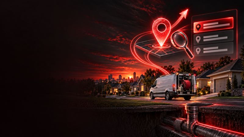 Service van in a neighborhood at dusk with a glowing map pin and local search results above it