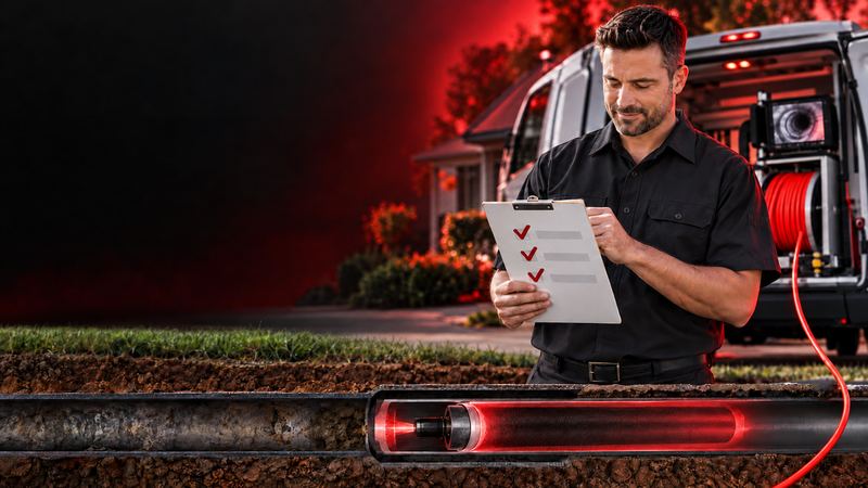 Technician reviewing a checklist on a clipboard beside a service van, with a pipe-lining cutaway below ground