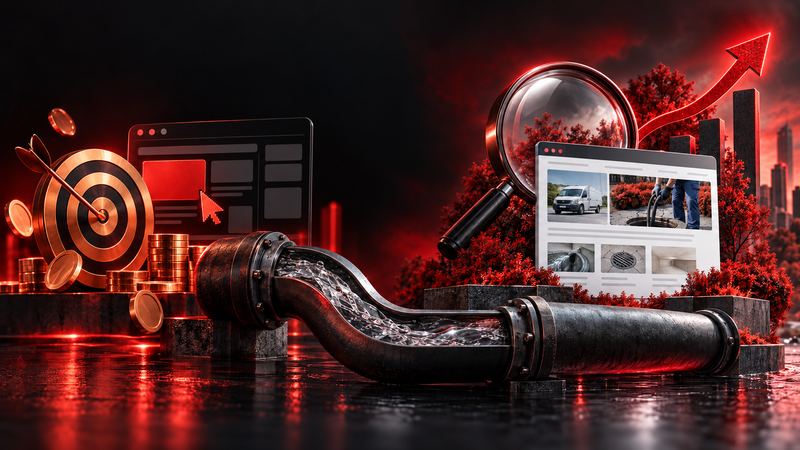 A target and ad on one side and a search magnifier and website on the other, connected by a pipe