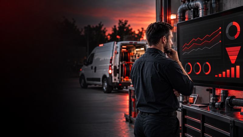Business owner studying a dashboard of marketing charts beside a service van