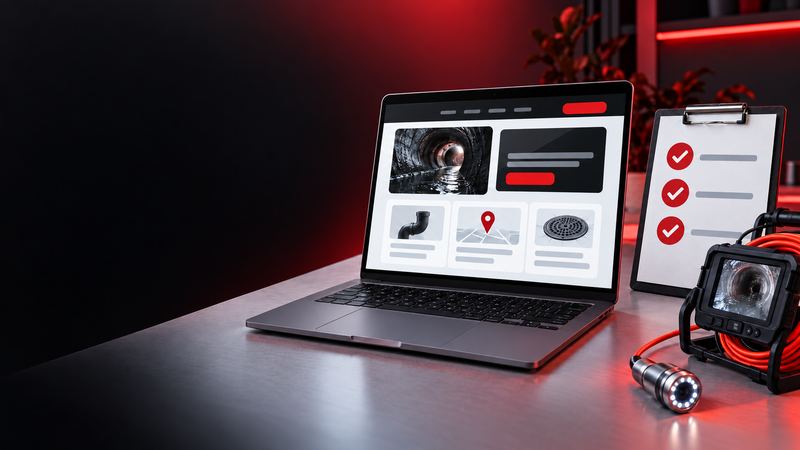 Laptop showing a sewer and drain company website beside a checklist clipboard and sewer camera